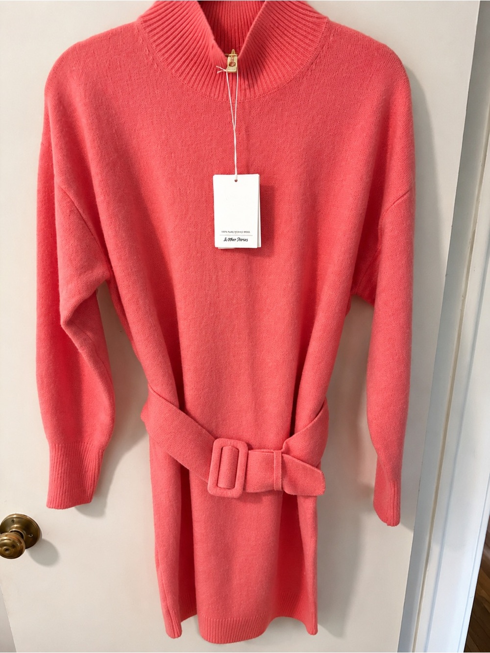 & Other Stories Coral Belted Cowl-Neck Sweater Dress